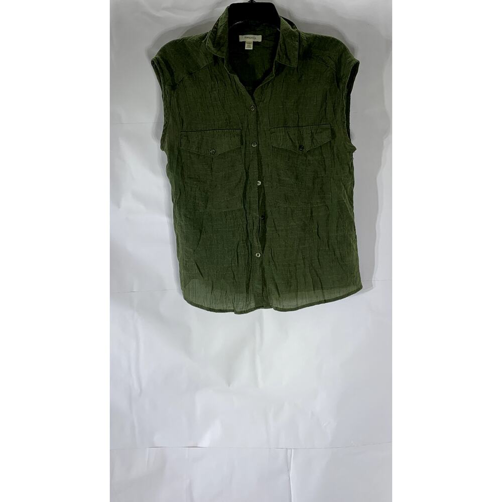 TAMARA H. Women's Olive Green Button-Up Sleeveless Sheer Top SZ S